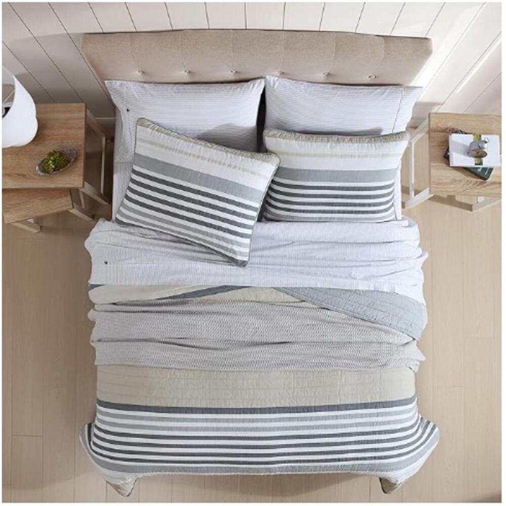 Nautica Dover Beige King Quilt Set Reversible Cotton Bedding New - Picture 2 of 8